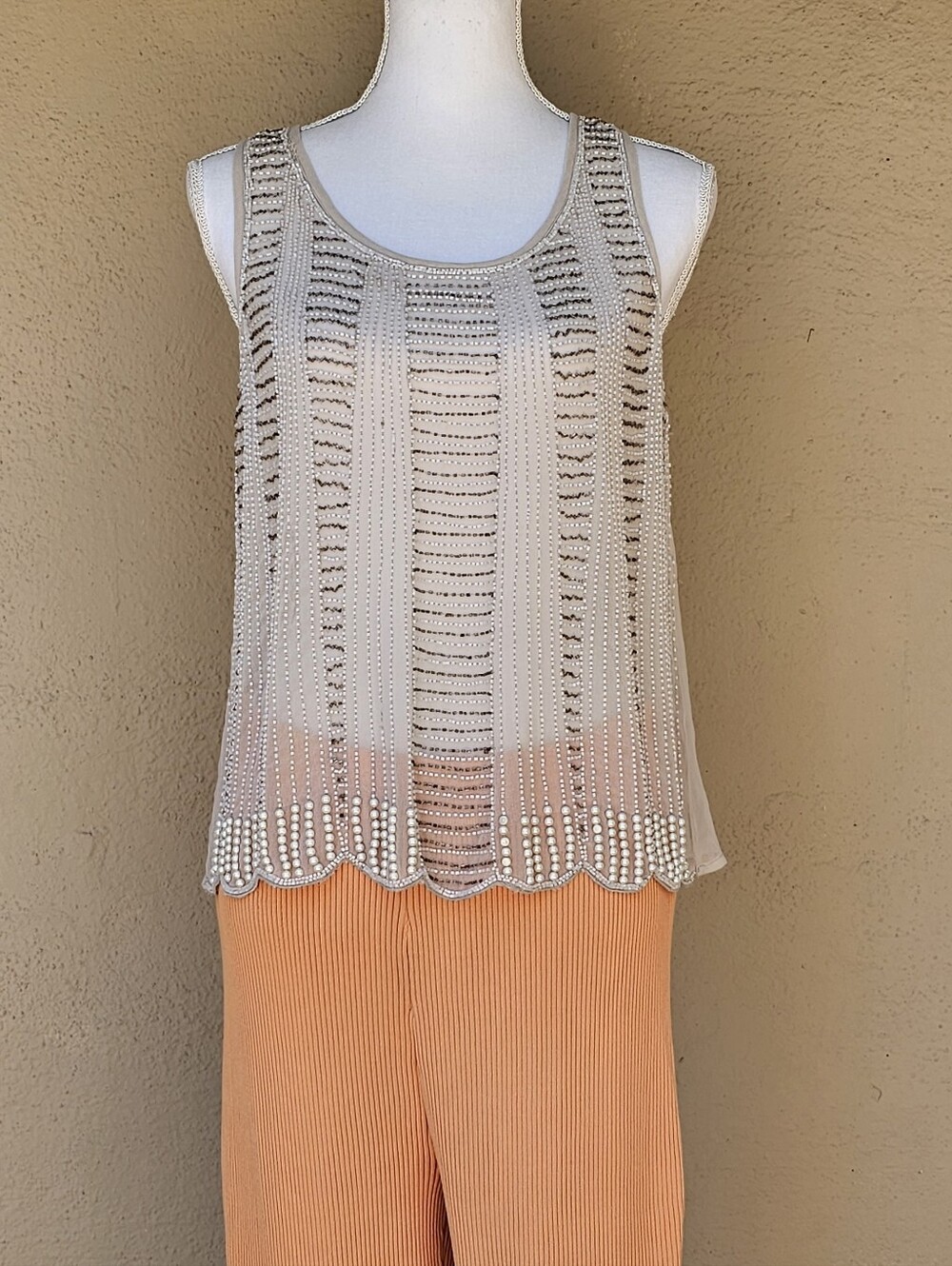 Matty M Taupe Grey Silk Beaded Sheer Tank Top SZ Small